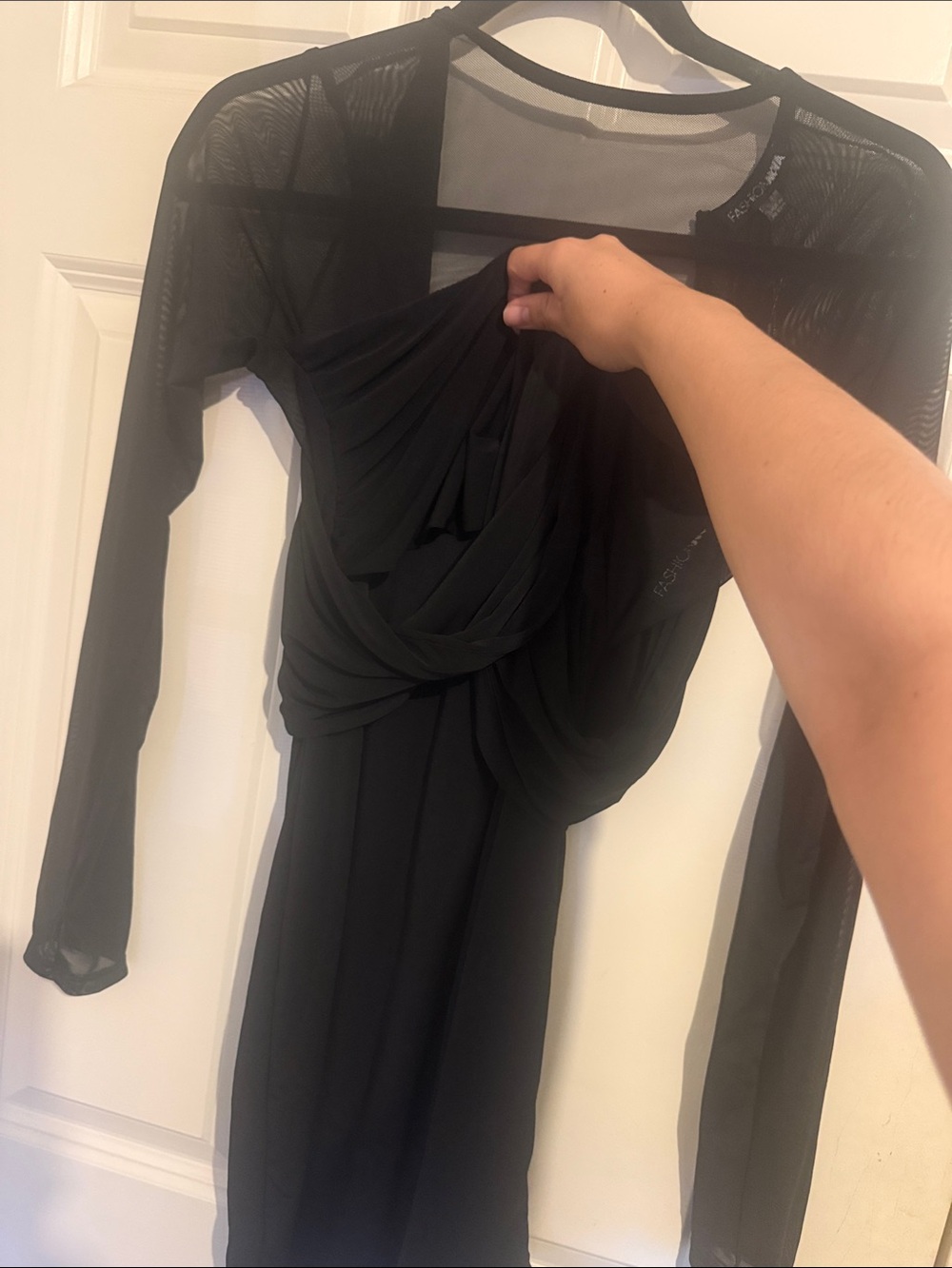 Fashion Nova Black Long-Sleeve Draped Mesh Panel Dress